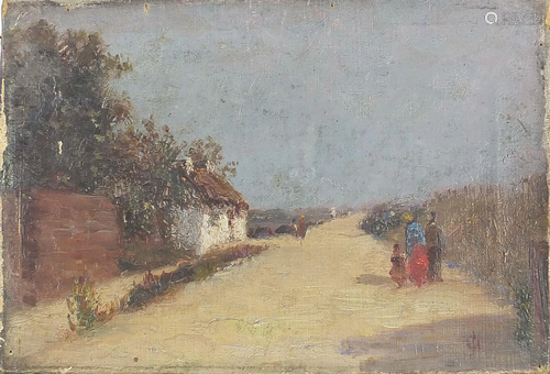 Figures on a path beside a cottage, oil on canvas,