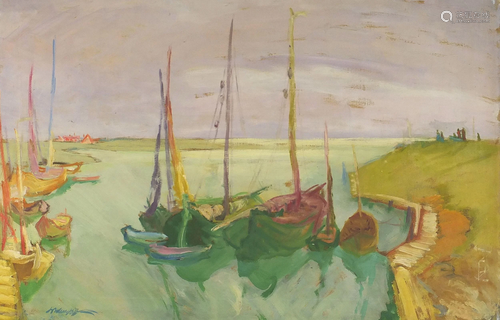 Harbour with moored boats, Continental oil on canvas,