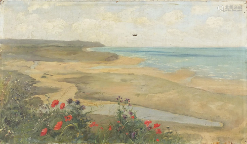 Beach scene with wild flowers, oil on canvas, unframed,