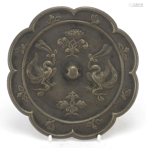 Chinese patinated bronze hand mirror cast with