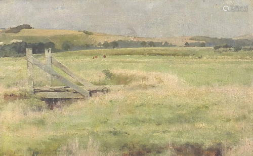 Bridge before fields and cattle, oil on canvas, mounted