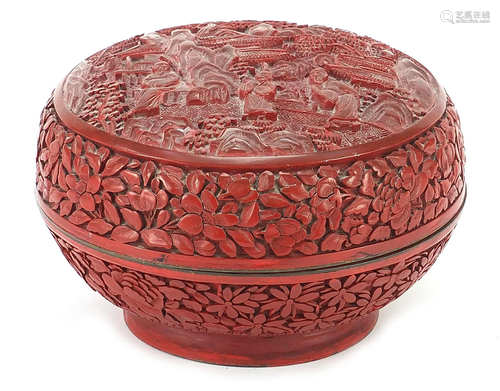 Chinese cinnabar lacquer bun box and cover carved with