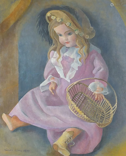 Sarika Goth 1970 - Doll holding a basket, oil on