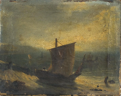 Moored fishing boat on a beach, 19th century oil on