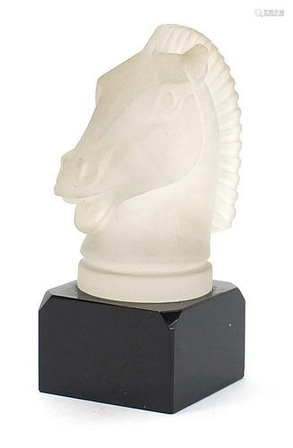 Lalique style frosted glass horse head mascot on a