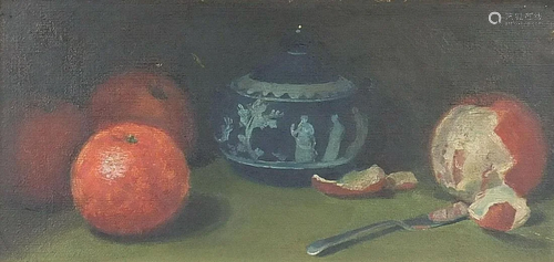 Still life fruit and Wedgwood Jasperware pot, oil on