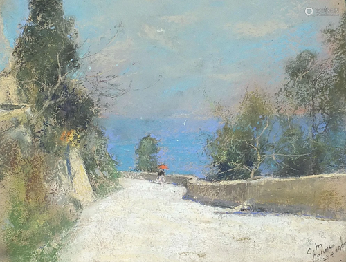 Figure on a path beside water, continental pastel,