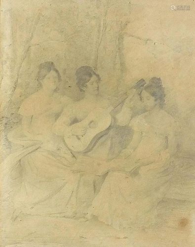 Three females playing instruments, early 19th century