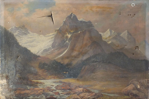 Stream before a mountainous landscape, oil on canvas,