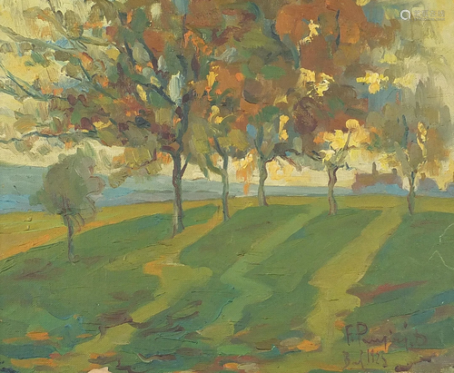 Fields before trees, 20th century oil on board,