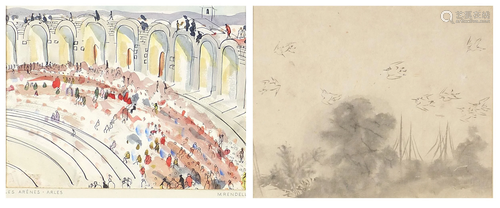 Arles Amphitheatre and birds, two watercolours, one