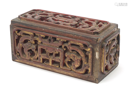 Chinese lacquered wood casket carved with mythical