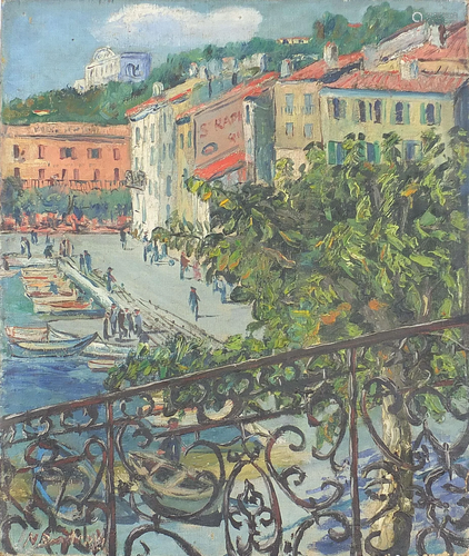 Continental harbour with villas, oil on canvas,