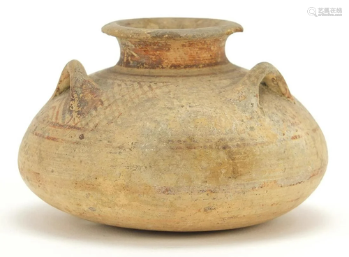 Mycenaean pottery squatted jar with three loop handles,