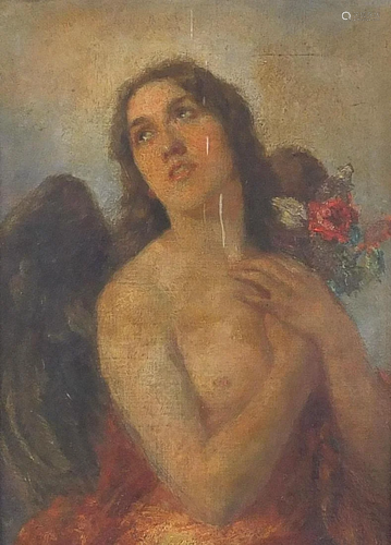 Semi nude angel with flowers, oil on board, mounted and