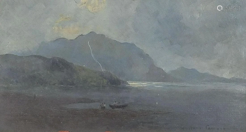 Figures in boats beside water and mountains, oil on