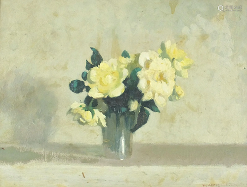 Still life flowers in a vase, oil, indistinctly