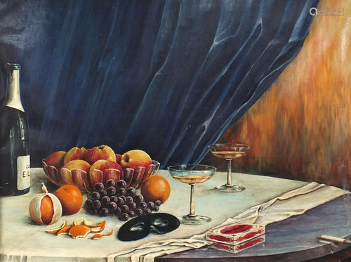 Still life vessels and fruit, oil on canvas, mounted