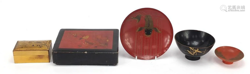 Five Japanese lacquered boxes and bowls, including one