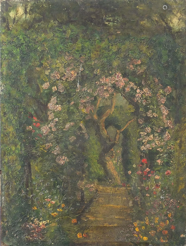 Flowers and trees before an archway, oil on canvas,