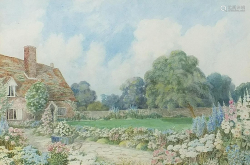 Cottage garden with flowers, Surrey, watercolour,