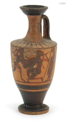 Attic pottery lekythos hand painted with warriors