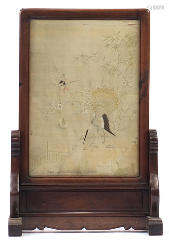 Chinese hardwood screen with silk panel embroidered