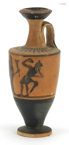 Attic pottery lekythos hand painted with black figures,