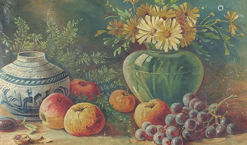 Still life flowers, fruit and vessels, oil on canvas