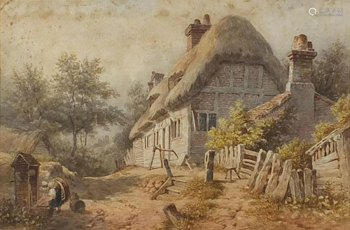 Figure beside a well and thatched cottage, 19th century