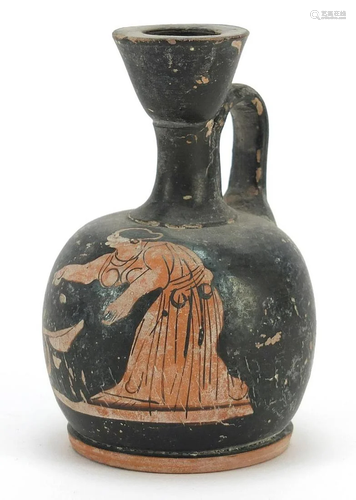 Attic pottery squatted lekythos hand painted with a red