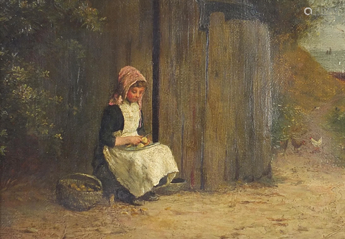 Young girl cutting fruit before a path and water, 19th