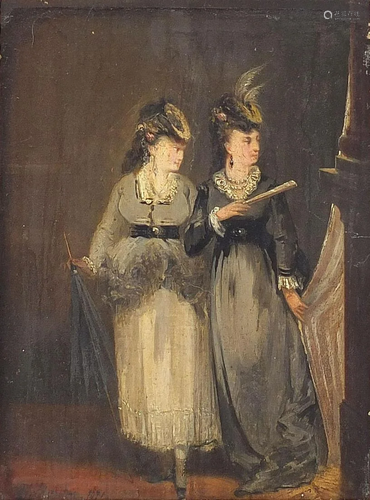 Two females in an interior, late 19th century oil on