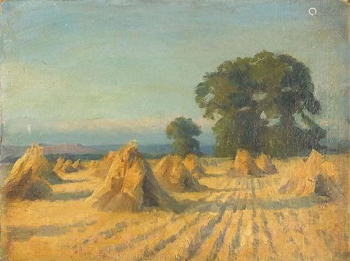 Hayricks before trees, oil on board, unframed, 35cm x