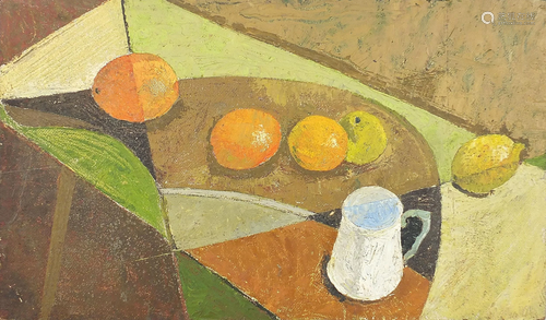 Still life fruit and vessels, Modern British oil on