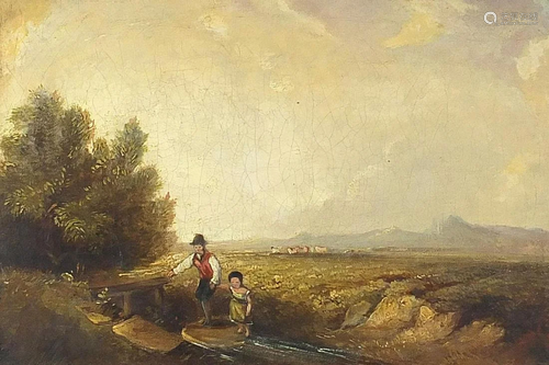 Two figures crossing a stream before a landscape, 19th