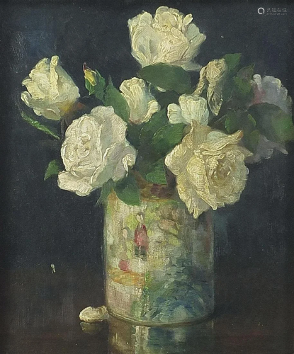 Still life roses in a vase, oil on canvas, indistinctly