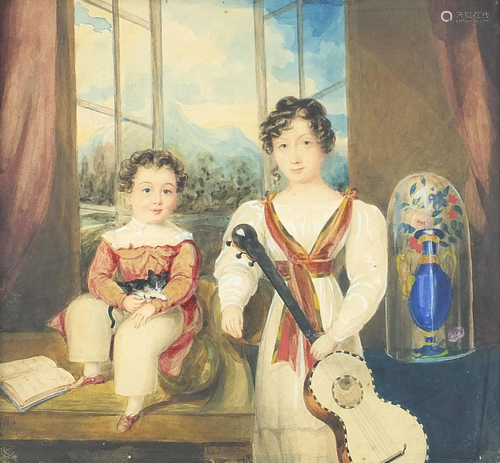 Two Children with a cat and guitar, 19th century