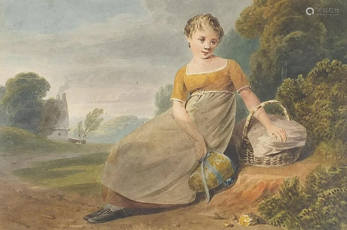 Young girl holding a bonnet and basket before a