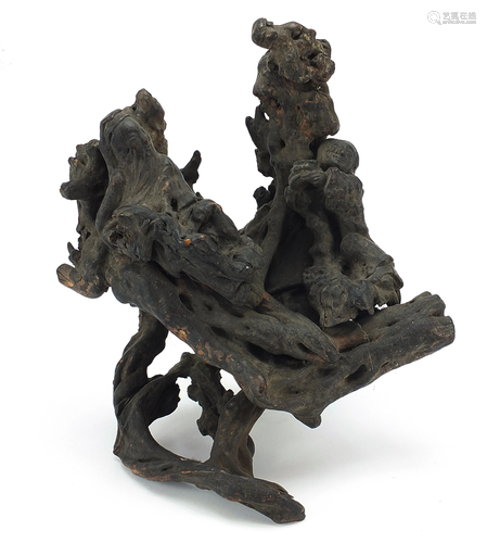 Chinese hardwood root carving of two figures, 25.5cm