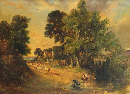 Figure and sheep on a lane beside water, 19th century