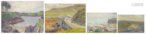 Coastal scenes and rocky landscapes, four oils, one