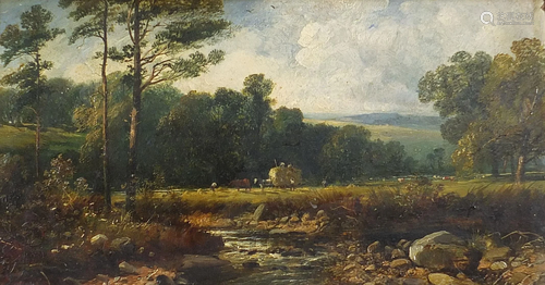 Figures haymaking beside water, oil on board,