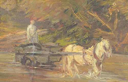 Horse and cart in water, oil on board, mounted and