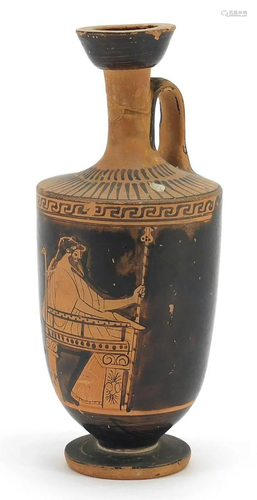 Attic pottery lekythos hand painted with a figure, 16cm