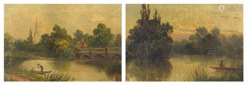 River landscapes with figures on boats, pair of 19th