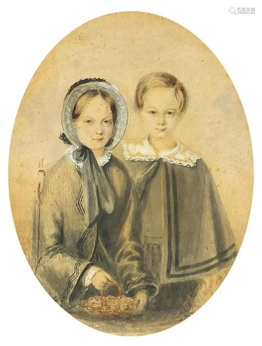 Two children holding a basket, 19th century oval