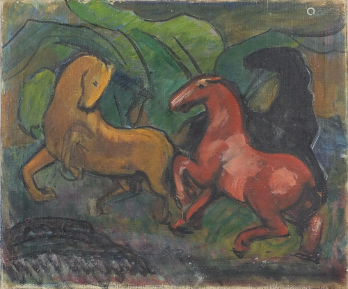 Surreal composition, horses, oil on canvas, unframed,