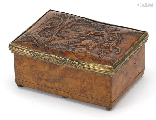 Antique yew box with secret sliding base, the hinged