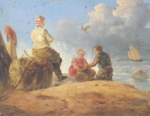 Sailors on a beach before water and boats, oil on